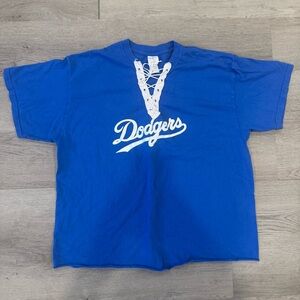 LA Dodgers Ladies Tee Blue And White With Lace Up V-neck Size Large